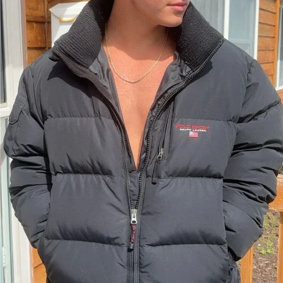 Vintage 1990s Ralph Lauren Polo Sport Black Down Puffer Coat Jacket Size XL